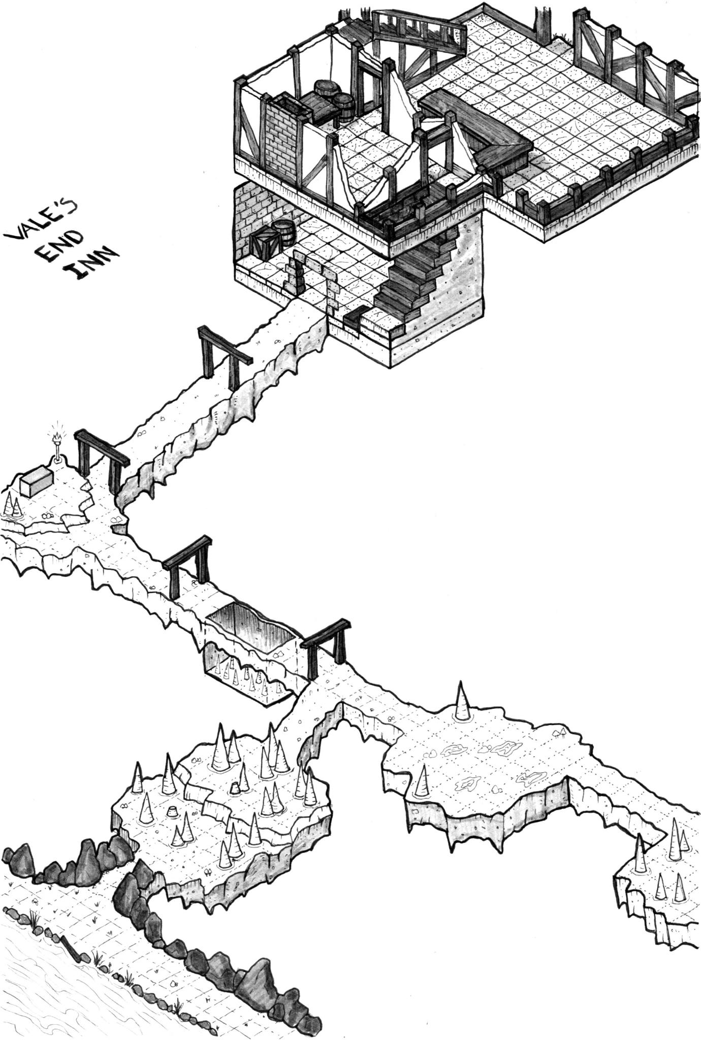 Floor plan of Vale's End Inn and its cellars.
